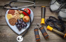 Healthy lifestyle concept with diet and fitness on wooden boards